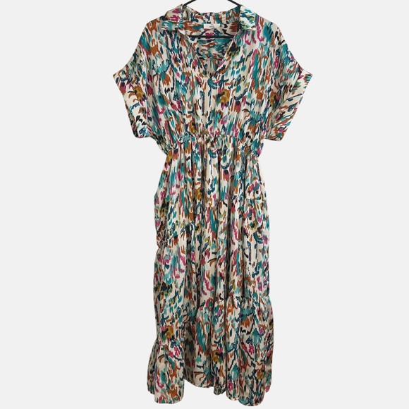 entro Dresses & Skirts - Entro Midi Dress Women Size L Multicolor Abstract Ikat Tiered Elastic Waist